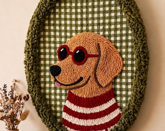 Handmade Punch Needle Golden Retriever Wall Hanging, Dog Nursery Decor, Embroidered Hoop