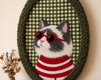 Handmade Punch Needle Cat Wall Hanging, Cat Nursery Decor, Embroidered Hoop