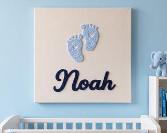 Personalized Punch Needle Newborn Wall Hanging, Embroidered Baby Feet Sign, Nursery Decor, Fall Decorations