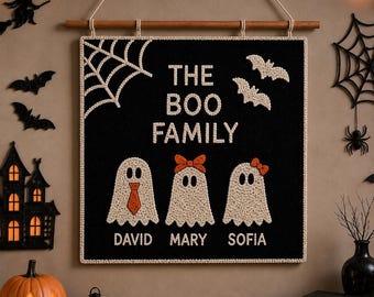 Halloween Family Punch Needle Wall Hanging, Custom Embroidered Ghost Decor, Halloween Gifts