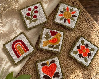 Handmade Autumn Punch Needle Coaster Set Of 3, Halloween Gifts, Boho Fall Decor Collection