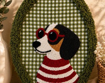Handmade Punch Needle Sausage Dog Wall Hanging, Dachshund Nursery Decor, Embroidered Hoop
