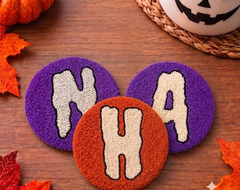 Custom Halloween Initial Coaster Set(2), Spooky Punch Needle Mug Rug, Fall Decor Gift