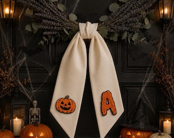 Custom Punch Needle Wreath Sash, Personalized Halloween Door Hangers, Fall Seasonal Front Door Decor