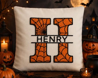 Personalized Halloween Initial Pillow, Handmade Punch Needle Cushion Cover, Spooky Fall & Living Room Decor