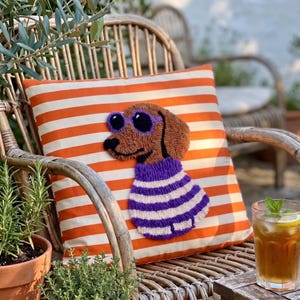 Handmade Sausage Dog Punch Needle Pillow Cover, Sausage Dogs Cushion