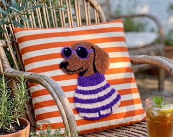 Handmade Sausage Dog Punch Needle Pillow Cover, Sausage Dogs Cushion