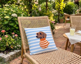 Handmade Dachshund Punch Needle Pillow Cover, Sausage Dog Cushion, Striped Duck Fabric Decor