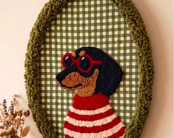 Handmade Punch Needle Sausage Dog Wall Hanging, Dachshund Nursery Decor, Embroidered Hoop, Fall Decorations