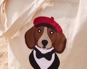 Punch Needle Sausage Dog Tote, Dapper Canvas Shoulder Bag, Dog Lover Gift
