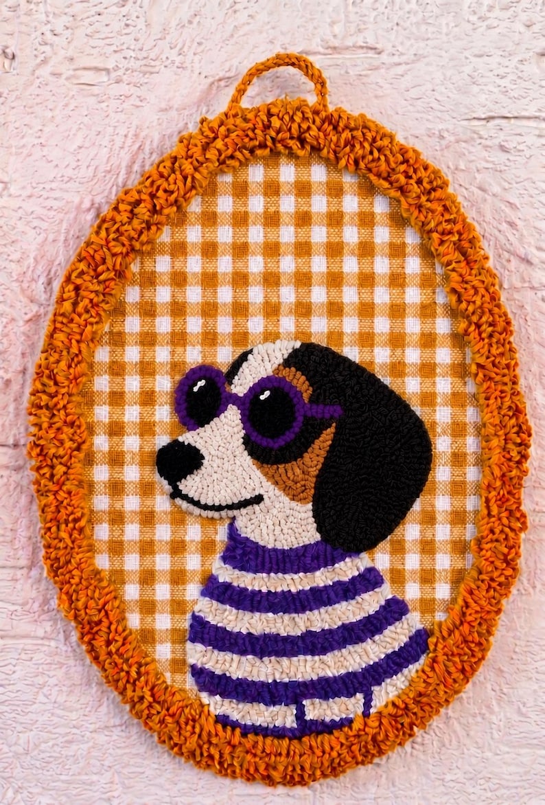 Handmade Punch Needle Sausage Dog Wall Hanging, Dachshund Nursery Decor, Embroidered Hoop Model8
