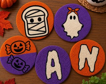 Custom Halloween Initial Coaster Set(2), Spooky Punch Needle Mug Rug, Coffee Bar & Fall Decor