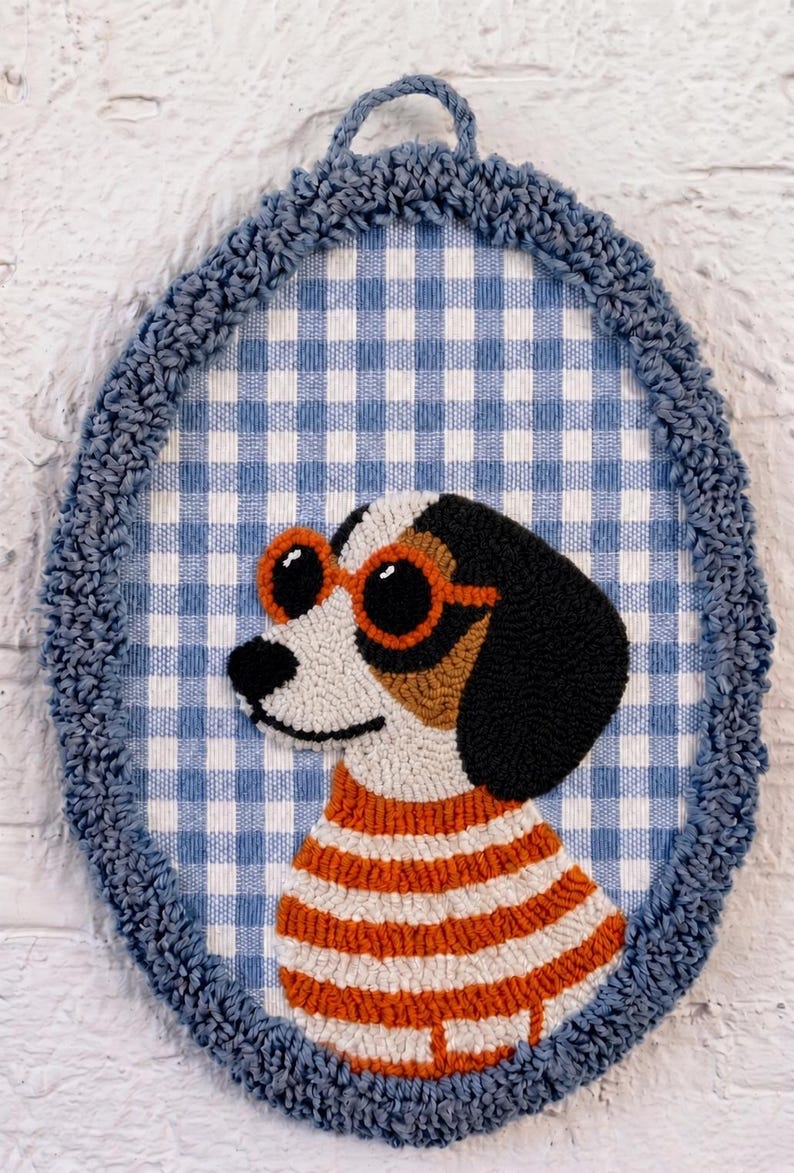 Handmade Punch Needle Sausage Dog Wall Hanging, Dachshund Nursery Decor, Embroidered Hoop Model9