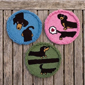 Handmade Punch Needle Sausage Dog Coasters, Tufted Dachshund Mug Rug Set