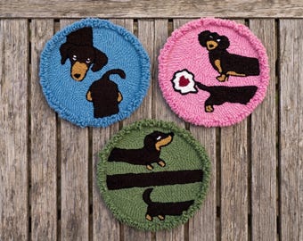 Handmade Punch Needle Sausage Dog Coasters, Tufted Dachshund Mug Rug Set