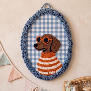 Handmade Punch Needle Sausage Dog Wall Hanging, Dachshund Nursery Decor, Embroidered Hoop image 4