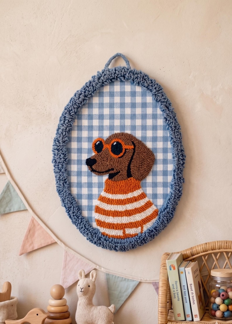 Handmade Punch Needle Sausage Dog Wall Hanging, Dachshund Nursery Decor, Embroidered Hoop image 4