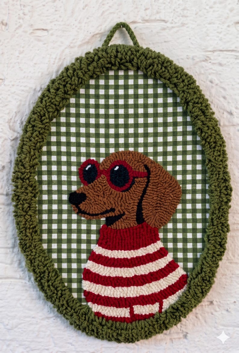 May include: An oval-shaped punch needle wall hanging featuring a brown dachshund wearing red-rimmed sunglasses and a red and white striped sweater. The dog is set against a green and white gingham fabric background, framed by a thick olive green border.