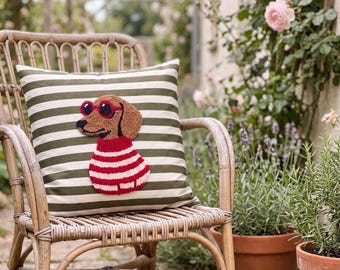 Sausage Dog Punch Needle Throw Pillow, Sausage Embroidered Cushion Cover, Handmade Nursery Decor