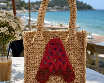 Custom Initial Crochet Bag, Personalized Punch Needle Beach Bag, Vacation Travel Handbag