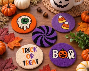 Halloween Coaster Set, Spooky Punch Needle Mug Rug, Coffee Bar & Fall Decor, Halloween Gifts