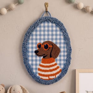 Punch Needle Sausage Dog Wall Art, Punch Embroidered Hoop Frame, Handmade Nursery Hanging