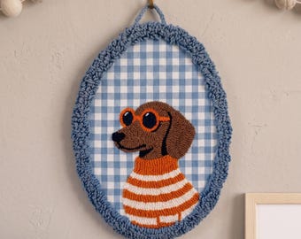Punch Needle Sausage Dog Wall Art, Handmade Nursery Hanging, Fall Decorations