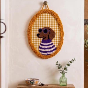 Handmade Punch Needle Dachshund Wall Hanging, Custom Punch Embroidery, Gingham Fabric Sausage Dog Art