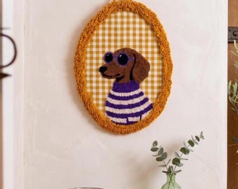 Handmade Punch Needle Sausage Dog Wall Hanging, Custom Punch Embroidery, Fall Decorations