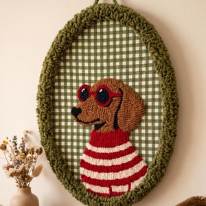 Handmade Punch Needle Sausage Dog Wall Hanging, Dachshund Nursery Decor, Embroidered Hoop image 1