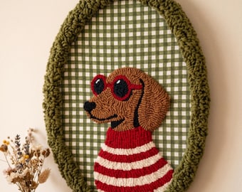 Handmade Punch Needle Sausage Dog Wall Hanging, Dachshund Nursery Decor, Embroidered Hoop