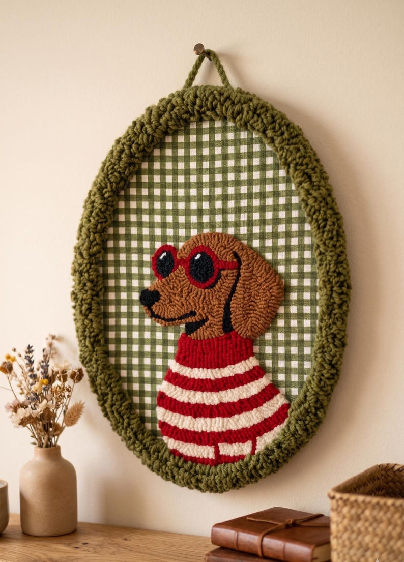 Handmade Punch Needle Sausage Dog Wall Hanging, Dachshund Nursery Decor, Embroidered Hoop image 1