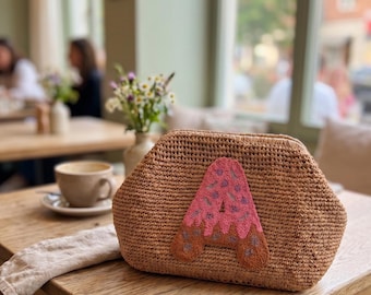 Punch Needle Clutch Bag, Woven Straw Summer Handbag, Personalized Embroidered Pouch