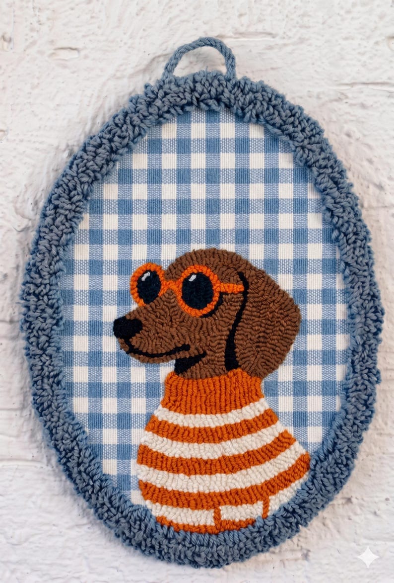 May include: An oval punch needle wall hanging featuring a brown dog wearing orange-rimmed sunglasses and an orange and white striped sweater. The dog is set against a blue and white gingham fabric background, framed by a textured blue yarn border.