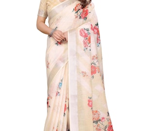 women cotton linen digital printed Saree With Blouse Piece