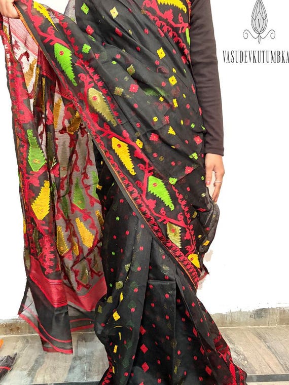 Black Cotton Jamdani saree with blouse piece