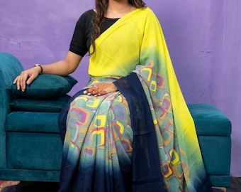 Sari de georgette estampado para mujer con pieza de blusa