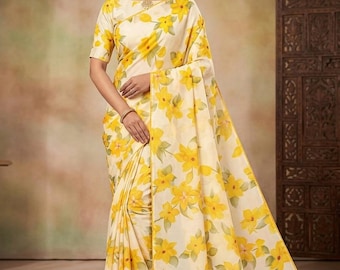 Sari de georgette estampado con flores para mujer con blusa