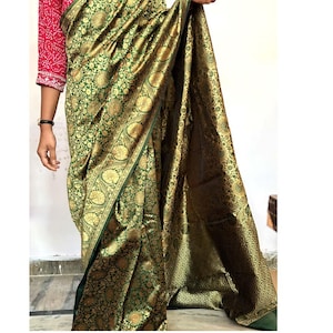 Saree de mariée indien vert banarasi sari en soie douce avec pièce de chemisier