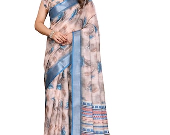 Woman Cotton Linen Saree With Blouse Piece