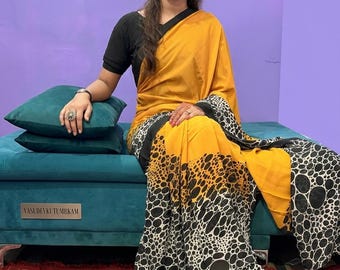 Sari de georgette estampado para mujer con pieza de blusa