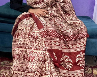 Woman cotton saree with blouse piece maroon sari