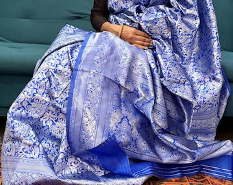 Sari de seda suave Kanjivaram de mujer con pieza de blusa (azul)