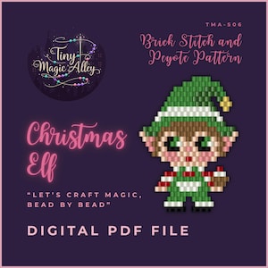 Puede incluir: Archivo PDF digital con un diseño de duende navideño. El duende está elaborado con puntadas de ladrillo y peyote, vistiendo un atuendo y sombrero verdes con un acento dorado. El texto dice "Christmas Elf" y "Let's Craft Magic, Bead by Bead."