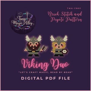 May include: Digital PDF file featuring a Viking Duo bead pattern. The image shows two pixelated Viking figures with helmets, one with a beard and the other with blonde hair. The text reads "Brick Stitch and Peyote Pattern."