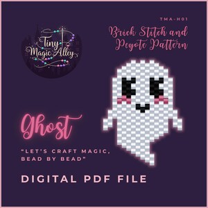 Op de afbeelding: Digitale PDF-bestand met een spookontwerp voor baksteek- en peyote-kralenpatronen. De afbeelding bevat de tekst "Ghost" en "Let's Craft Magic, Bead by Bead". Het ontwerp is van Tiny Magic Alley.