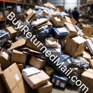 May include: A large pile of cardboard boxes and packages in a warehouse. The boxes are of various sizes and shapes, some open and others sealed. The image includes the text "BuyReturnedMail.com". Shelving with more boxes is visible in the background.
