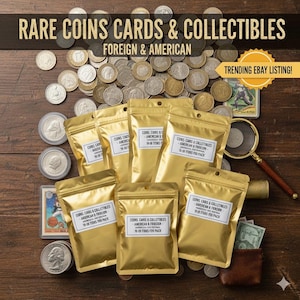 May include: A collection of coins, cards, and collectibles is shown from above. Gold foil pouches with white labels are arranged with loose coins, a magnifying glass, and a small wallet. The text "RARE COINS CARDS & COLLECTIBLES" is at the top.