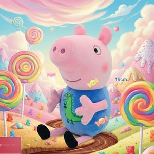 Pode incluir: Um porco de pelúcia rosa vestindo uma camisa azul com um desenho de dinossauro verde. A imagem apresenta uma paisagem de fantasia com grandes pirulitos coloridos e doces. O porco tem aproximadamente 19 cm de altura.