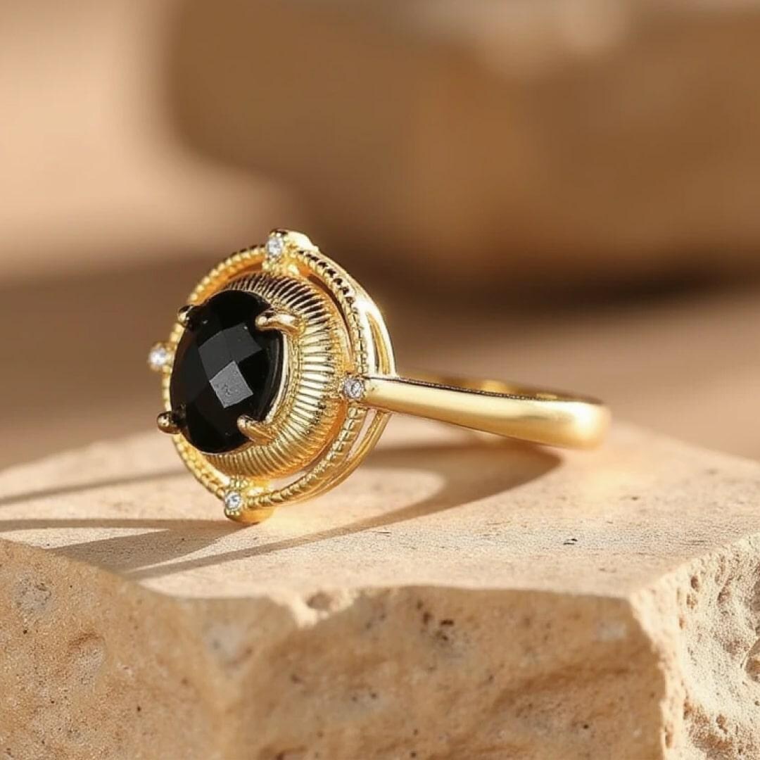 Statement Ring: Black Natural Stone Halo - Gold Plated Vintage Style - Etsy